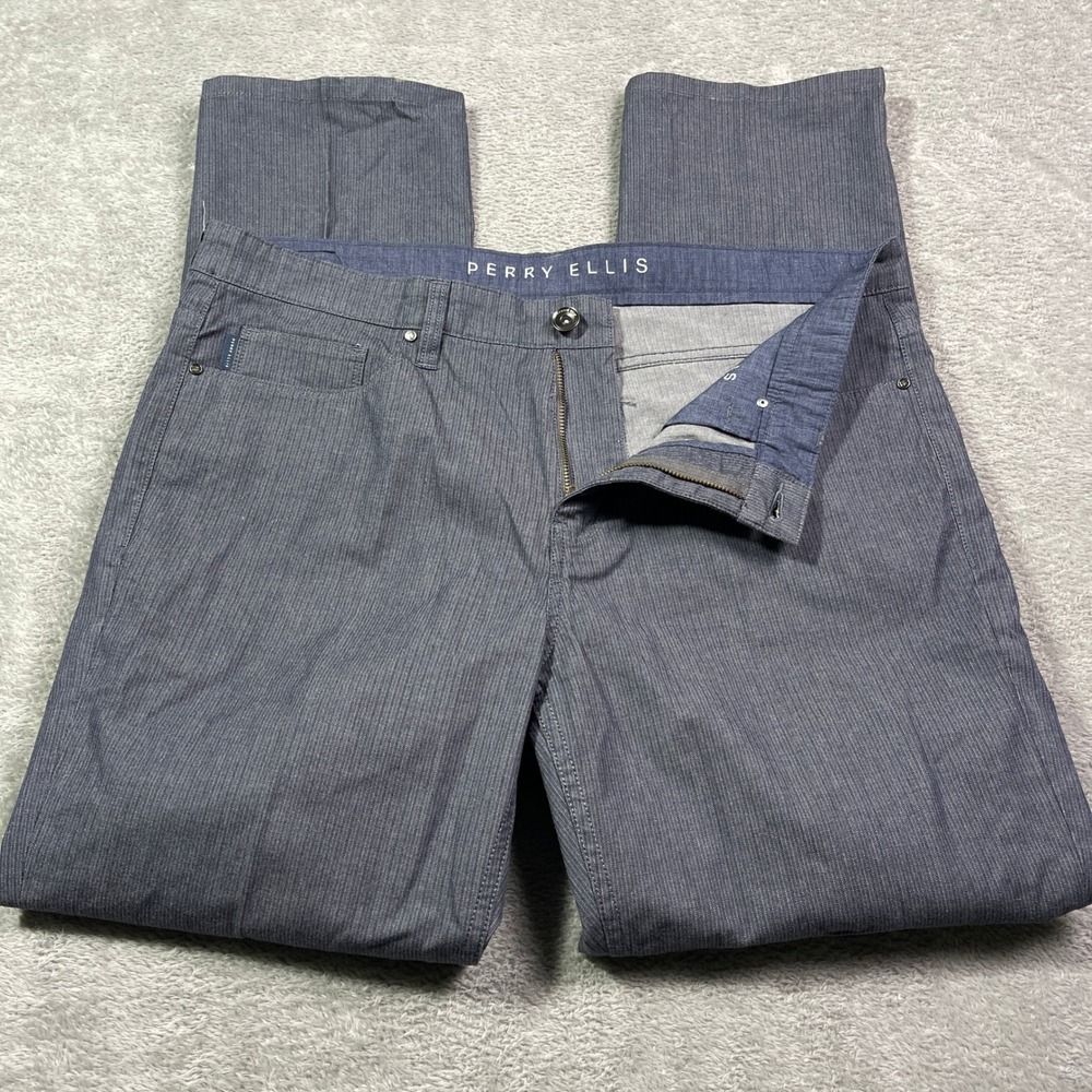 Perry Ellis Slim Fit Stretch Gray Herringbone Dress Pants Men's 34x30 Career